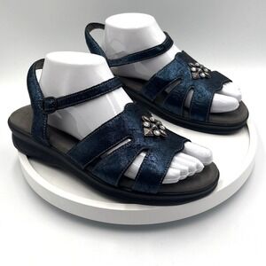SAS Pampa Womens Metallic Navy Leather Comfort Sandals Made in USA Blue 1401